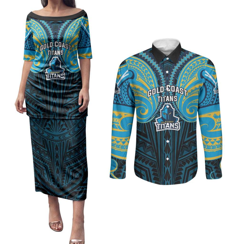 Custom Gold Coast Titans Couples Matching Puletasi and Long Sleeve Button Shirt Titan Warrior Polynesia Islander Rugby Mascot