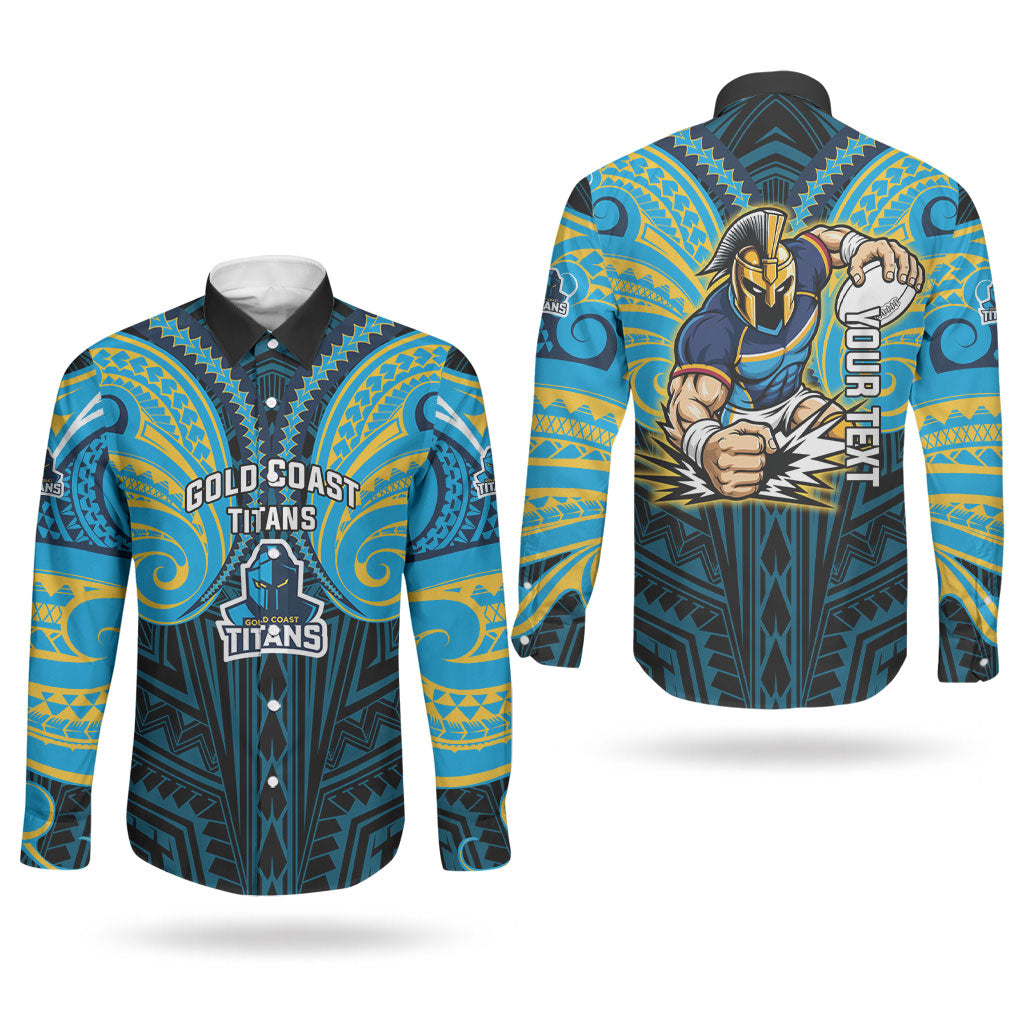 Custom Gold Coast Titans Couples Matching Puletasi and Long Sleeve Button Shirt Titan Warrior Polynesia Islander Rugby Mascot