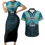 Custom Gold Coast Titans Couples Matching Short Sleeve Bodycon Dress and Hawaiian Shirt Titan Warrior Polynesia Islander Rugby Mascot