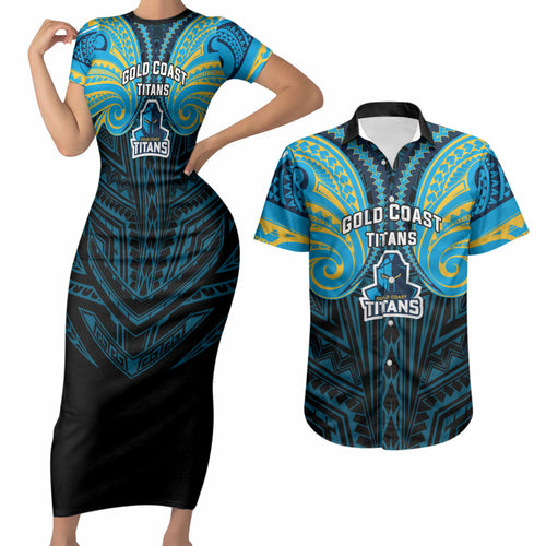 Custom Gold Coast Titans Couples Matching Short Sleeve Bodycon Dress and Hawaiian Shirt Titan Warrior Polynesia Islander Rugby Mascot