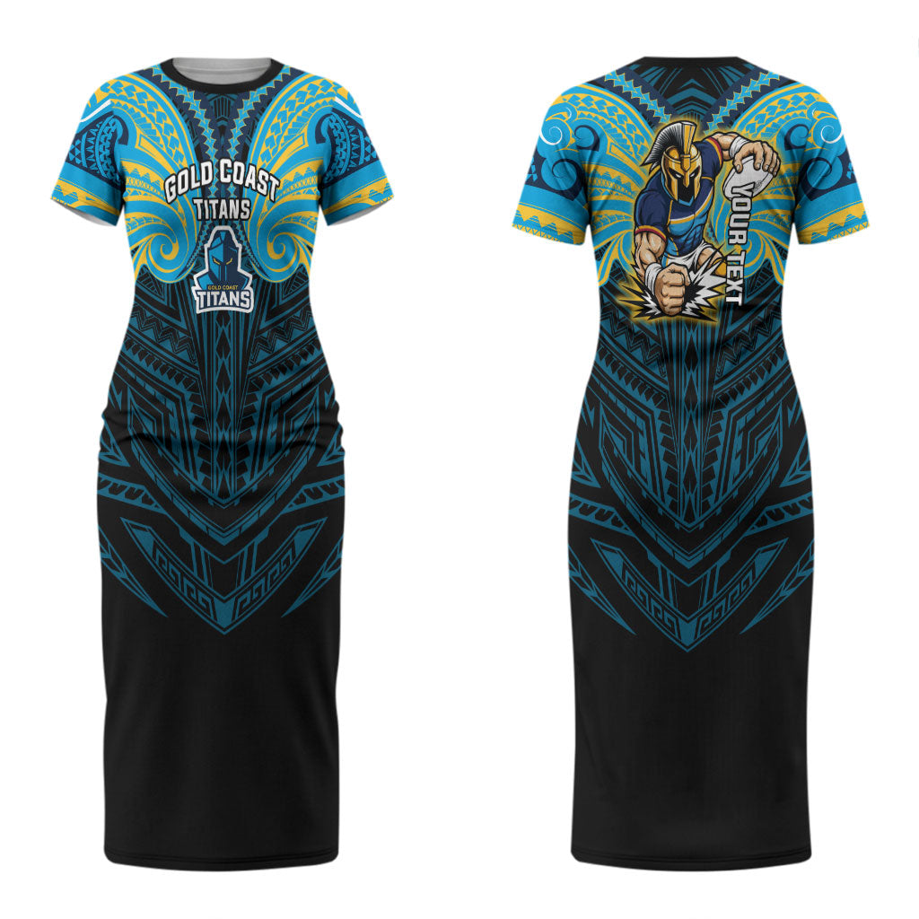 Custom Gold Coast Titans Couples Matching Short Sleeve Bodycon Dress and Hawaiian Shirt Titan Warrior Polynesia Islander Rugby Mascot