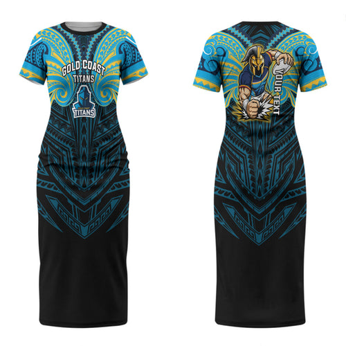 Custom Gold Coast Titans Couples Matching Short Sleeve Bodycon Dress and Hawaiian Shirt Titan Warrior Polynesia Islander Rugby Mascot
