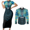Custom Gold Coast Titans Couples Matching Short Sleeve Bodycon Dress and Long Sleeve Button Shirt Titan Warrior Polynesia Islander Rugby Mascot