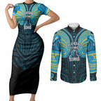 Custom Gold Coast Titans Couples Matching Short Sleeve Bodycon Dress and Long Sleeve Button Shirt Titan Warrior Polynesia Islander Rugby Mascot