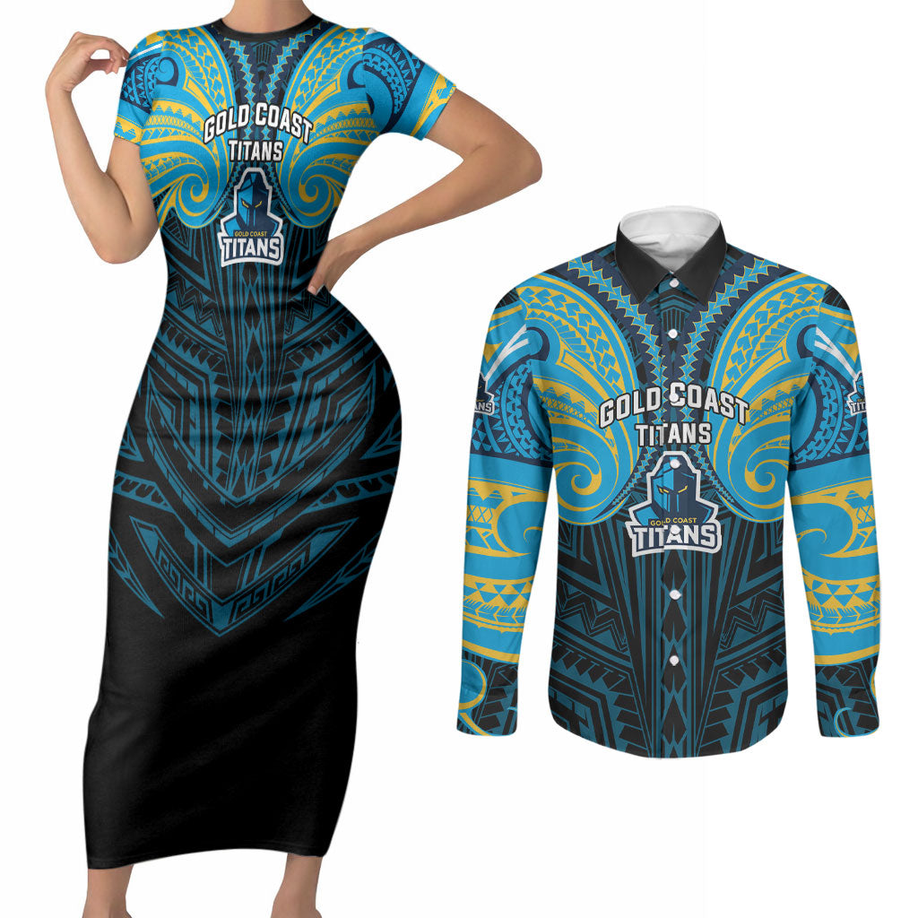 Custom Gold Coast Titans Couples Matching Short Sleeve Bodycon Dress and Long Sleeve Button Shirt Titan Warrior Polynesia Islander Rugby Mascot