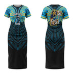 Custom Gold Coast Titans Couples Matching Short Sleeve Bodycon Dress and Long Sleeve Button Shirt Titan Warrior Polynesia Islander Rugby Mascot