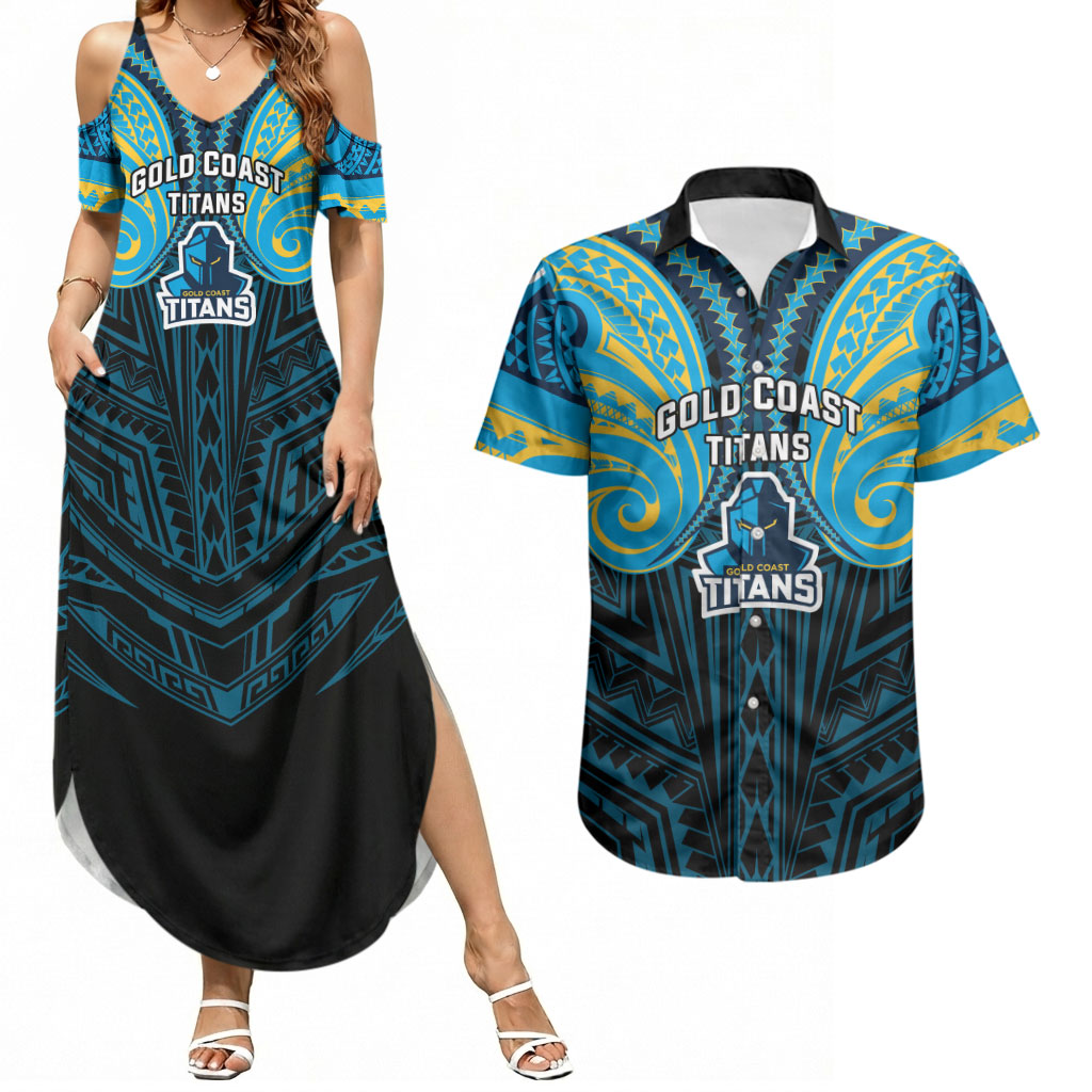 Custom Gold Coast Titans Couples Matching Summer Maxi Dress and Hawaiian Shirt Titan Warrior Polynesia Islander Rugby Mascot