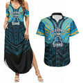 Custom Gold Coast Titans Couples Matching Summer Maxi Dress and Hawaiian Shirt Titan Warrior Polynesia Islander Rugby Mascot