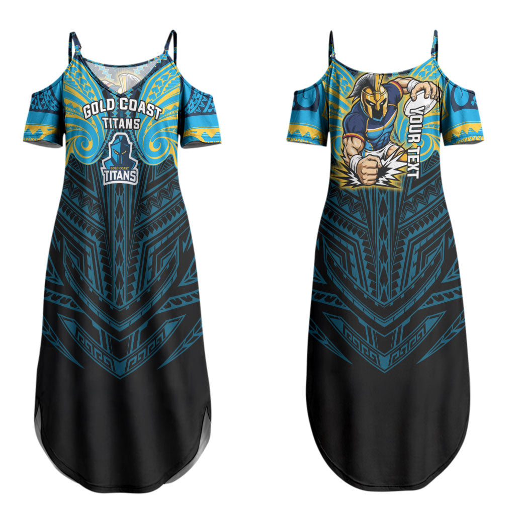 Custom Gold Coast Titans Couples Matching Summer Maxi Dress and Hawaiian Shirt Titan Warrior Polynesia Islander Rugby Mascot