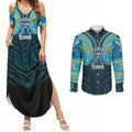 Custom Gold Coast Titans Couples Matching Summer Maxi Dress and Long Sleeve Button Shirt Titan Warrior Polynesia Islander Rugby Mascot