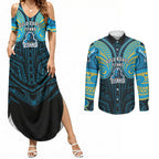 Custom Gold Coast Titans Couples Matching Summer Maxi Dress and Long Sleeve Button Shirt Titan Warrior Polynesia Islander Rugby Mascot