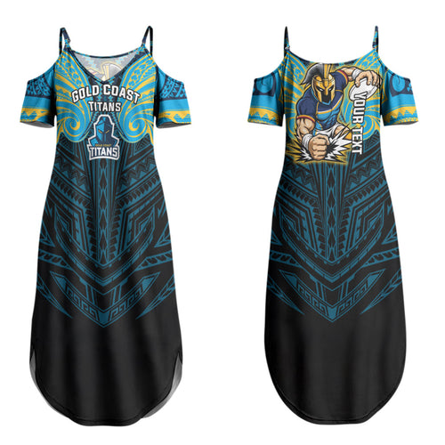 Custom Gold Coast Titans Couples Matching Summer Maxi Dress and Long Sleeve Button Shirt Titan Warrior Polynesia Islander Rugby Mascot