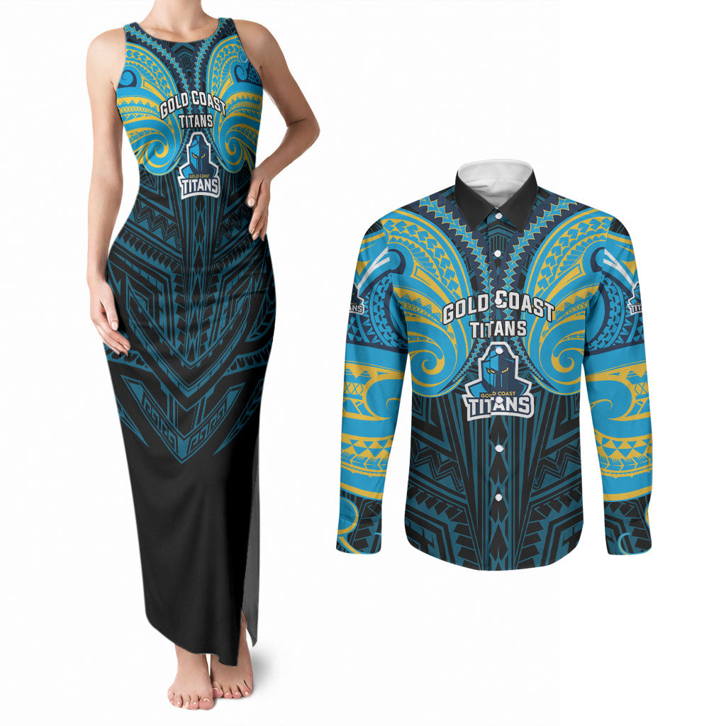 Custom Gold Coast Titans Couples Matching Tank Maxi Dress and Long Sleeve Button Shirt Titan Warrior Polynesia Islander Rugby Mascot