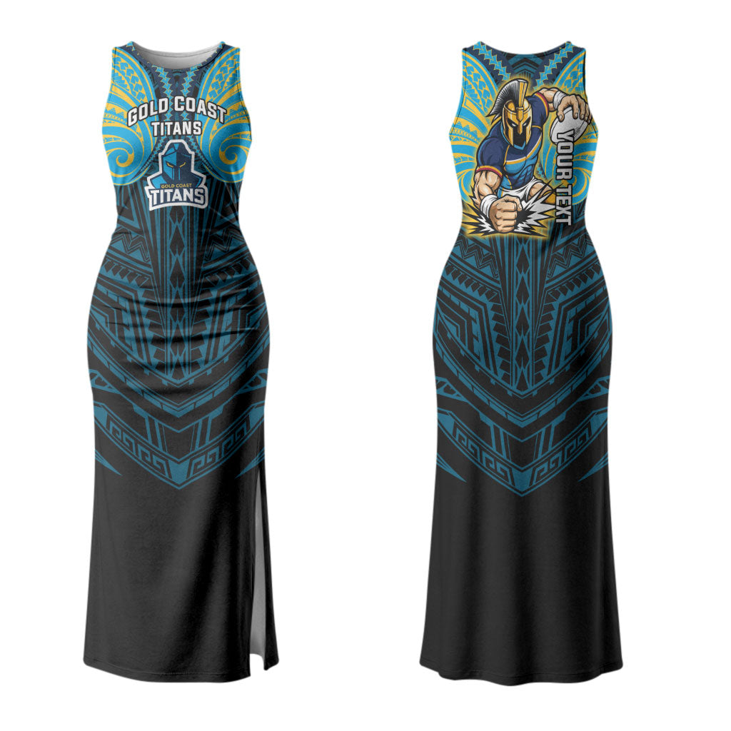 Custom Gold Coast Titans Couples Matching Tank Maxi Dress and Long Sleeve Button Shirt Titan Warrior Polynesia Islander Rugby Mascot