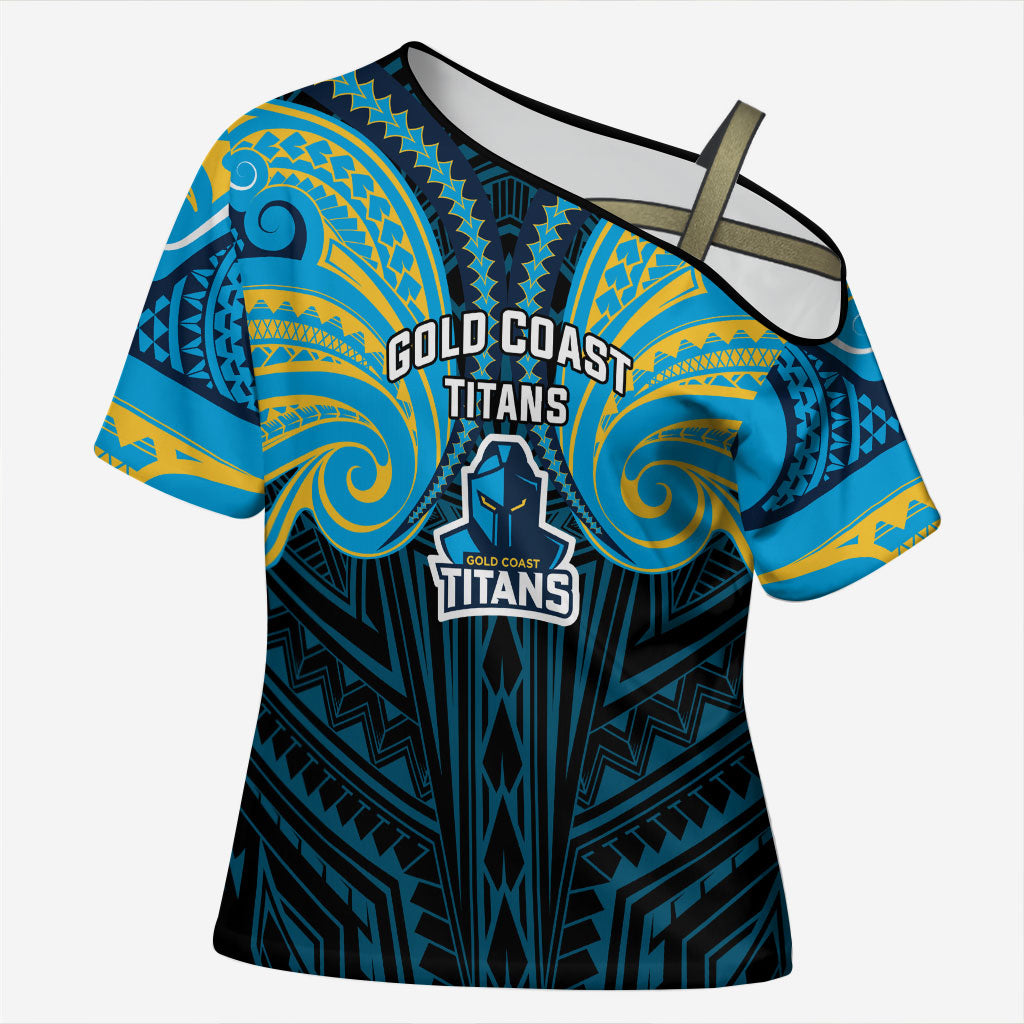 Custom Gold Coast Titans Cross Shoulder Shirt Titan Warrior Polynesia Islander Rugby Mascot