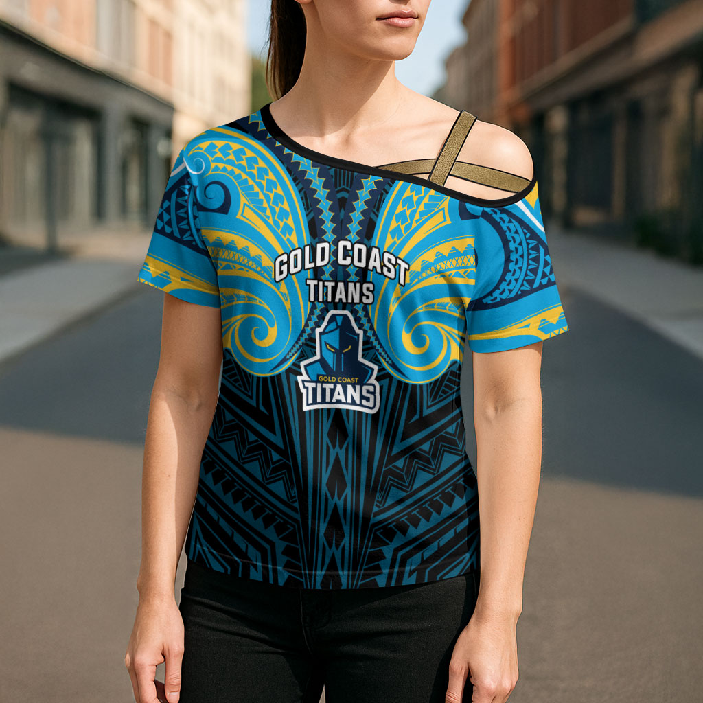 Custom Gold Coast Titans Cross Shoulder Shirt Titan Warrior Polynesia Islander Rugby Mascot