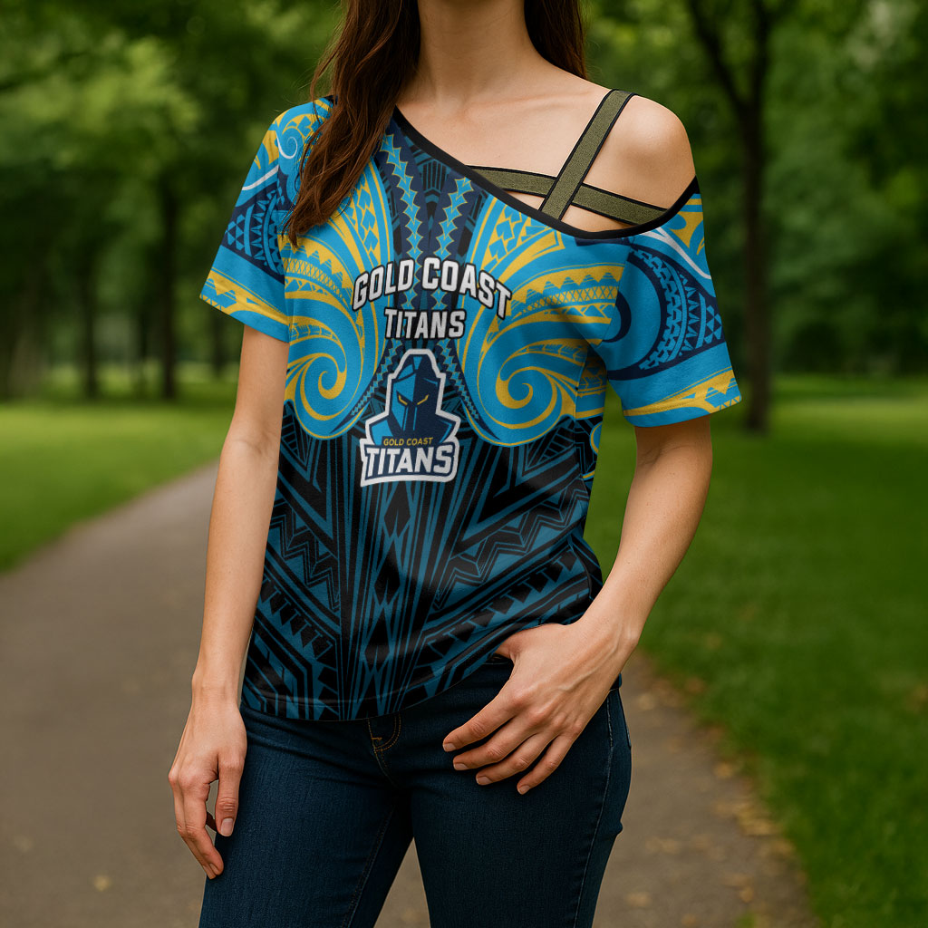 Custom Gold Coast Titans Cross Shoulder Shirt Titan Warrior Polynesia Islander Rugby Mascot