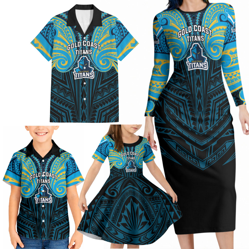 Custom Gold Coast Titans Family Matching Long Sleeve Bodycon Dress and Hawaiian Shirt Titan Warrior Polynesia Islander Rugby Mascot