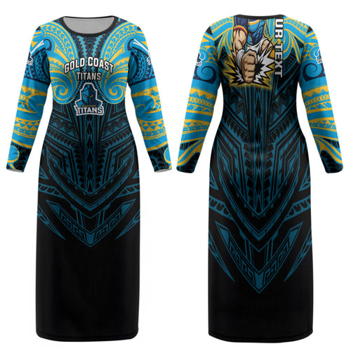 Custom Gold Coast Titans Family Matching Long Sleeve Bodycon Dress and Hawaiian Shirt Titan Warrior Polynesia Islander Rugby Mascot