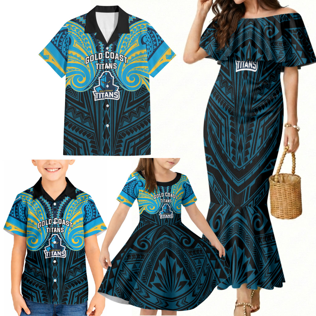 Custom Gold Coast Titans Family Matching Mermaid Dress and Hawaiian Shirt Titan Warrior Polynesia Islander Rugby Mascot