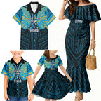 Custom Gold Coast Titans Family Matching Mermaid Dress and Hawaiian Shirt Titan Warrior Polynesia Islander Rugby Mascot
