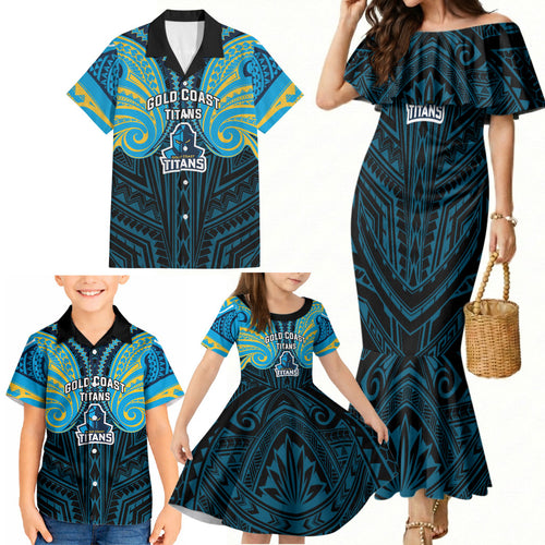 Custom Gold Coast Titans Family Matching Mermaid Dress and Hawaiian Shirt Titan Warrior Polynesia Islander Rugby Mascot