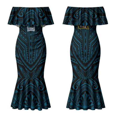 Custom Gold Coast Titans Family Matching Mermaid Dress and Hawaiian Shirt Titan Warrior Polynesia Islander Rugby Mascot
