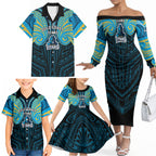 Custom Gold Coast Titans Family Matching Off The Shoulder Long Sleeve Dress and Hawaiian Shirt Titan Warrior Polynesia Islander Rugby Mascot