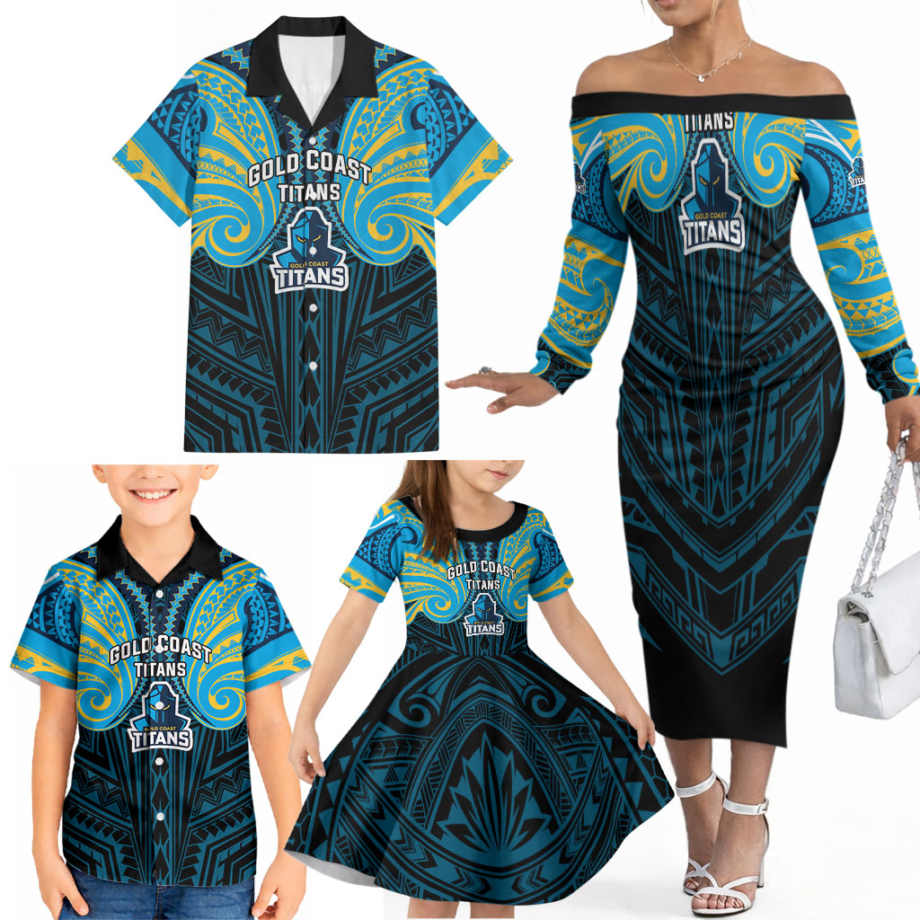 Custom Gold Coast Titans Family Matching Off The Shoulder Long Sleeve Dress and Hawaiian Shirt Titan Warrior Polynesia Islander Rugby Mascot