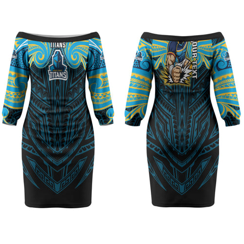 Custom Gold Coast Titans Family Matching Off The Shoulder Long Sleeve Dress and Hawaiian Shirt Titan Warrior Polynesia Islander Rugby Mascot