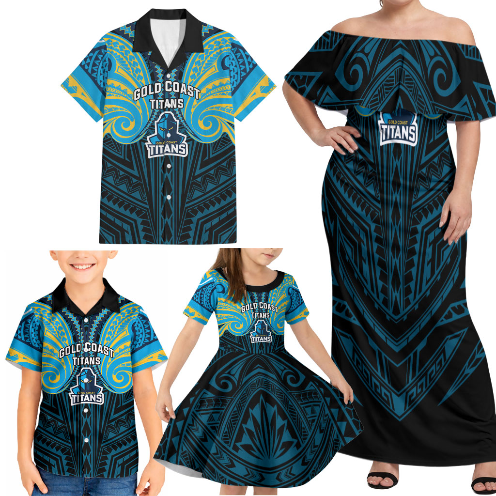 Custom Gold Coast Titans Family Matching Off Shoulder Maxi Dress and Hawaiian Shirt Titan Warrior Polynesia Islander Rugby Mascot