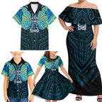Custom Gold Coast Titans Family Matching Off Shoulder Maxi Dress and Hawaiian Shirt Titan Warrior Polynesia Islander Rugby Mascot