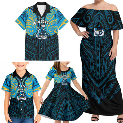 Custom Gold Coast Titans Family Matching Off Shoulder Maxi Dress and Hawaiian Shirt Titan Warrior Polynesia Islander Rugby Mascot
