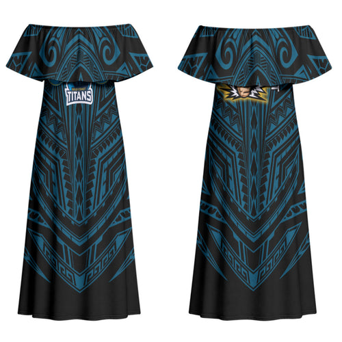 Custom Gold Coast Titans Family Matching Off Shoulder Maxi Dress and Hawaiian Shirt Titan Warrior Polynesia Islander Rugby Mascot
