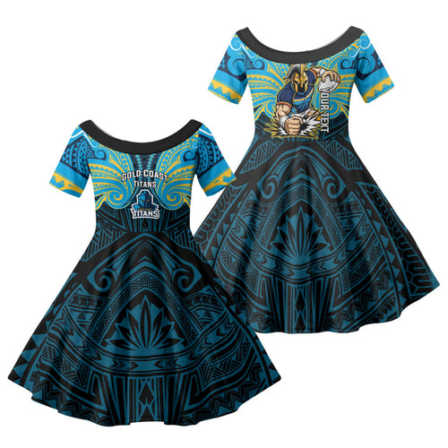 Custom Gold Coast Titans Family Matching Off Shoulder Maxi Dress and Hawaiian Shirt Titan Warrior Polynesia Islander Rugby Mascot