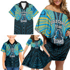 Custom Gold Coast Titans Family Matching Off Shoulder Short Dress and Hawaiian Shirt Titan Warrior Polynesia Islander Rugby Mascot