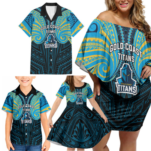 Custom Gold Coast Titans Family Matching Off Shoulder Short Dress and Hawaiian Shirt Titan Warrior Polynesia Islander Rugby Mascot