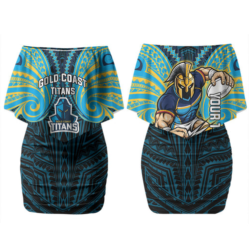 Custom Gold Coast Titans Family Matching Off Shoulder Short Dress and Hawaiian Shirt Titan Warrior Polynesia Islander Rugby Mascot
