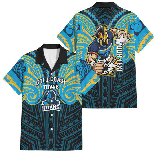 Custom Gold Coast Titans Family Matching Off Shoulder Short Dress and Hawaiian Shirt Titan Warrior Polynesia Islander Rugby Mascot