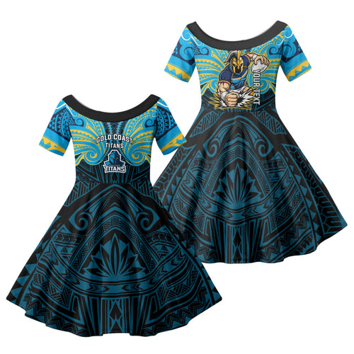 Custom Gold Coast Titans Family Matching Off Shoulder Short Dress and Hawaiian Shirt Titan Warrior Polynesia Islander Rugby Mascot