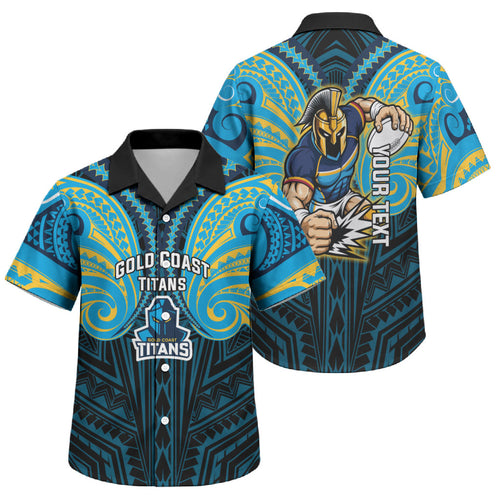 Custom Gold Coast Titans Family Matching Off Shoulder Short Dress and Hawaiian Shirt Titan Warrior Polynesia Islander Rugby Mascot