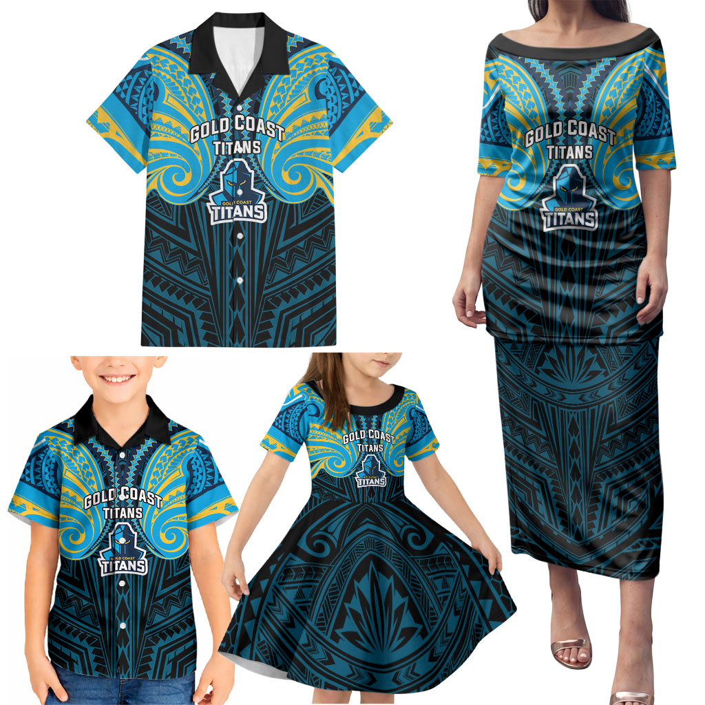 Custom Gold Coast Titans Family Matching Puletasi and Hawaiian Shirt Titan Warrior Polynesia Islander Rugby Mascot