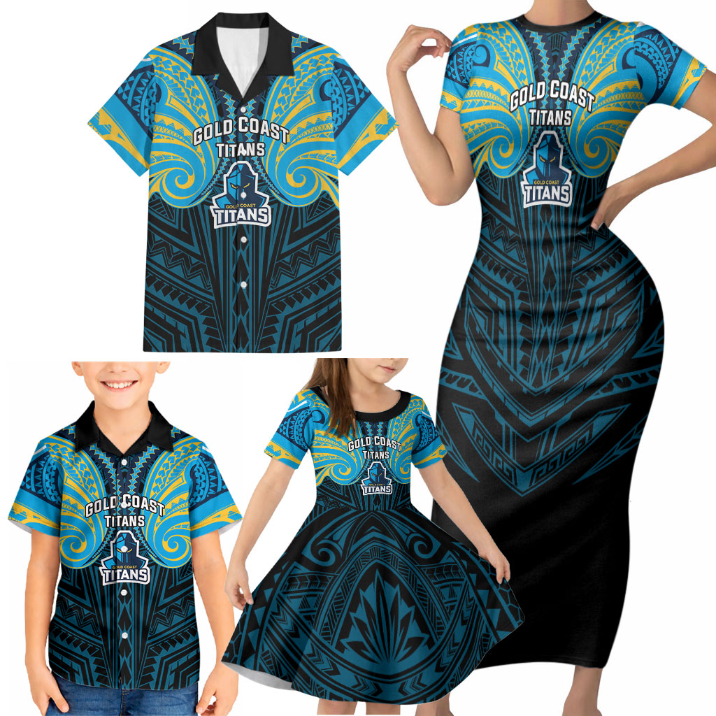 Custom Gold Coast Titans Family Matching Short Sleeve Bodycon Dress and Hawaiian Shirt Titan Warrior Polynesia Islander Rugby Mascot