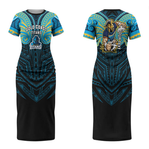 Custom Gold Coast Titans Family Matching Short Sleeve Bodycon Dress and Hawaiian Shirt Titan Warrior Polynesia Islander Rugby Mascot