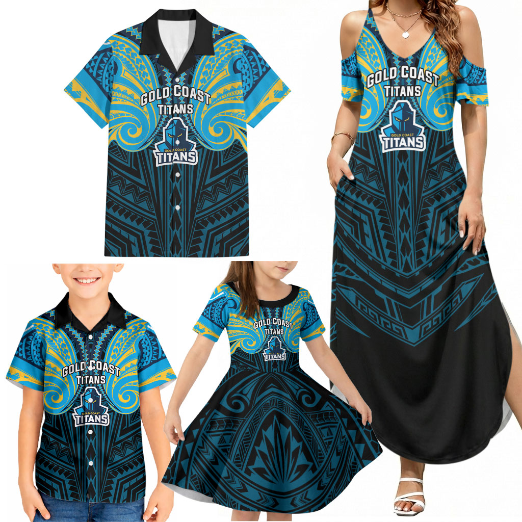 Custom Gold Coast Titans Family Matching Summer Maxi Dress and Hawaiian Shirt Titan Warrior Polynesia Islander Rugby Mascot
