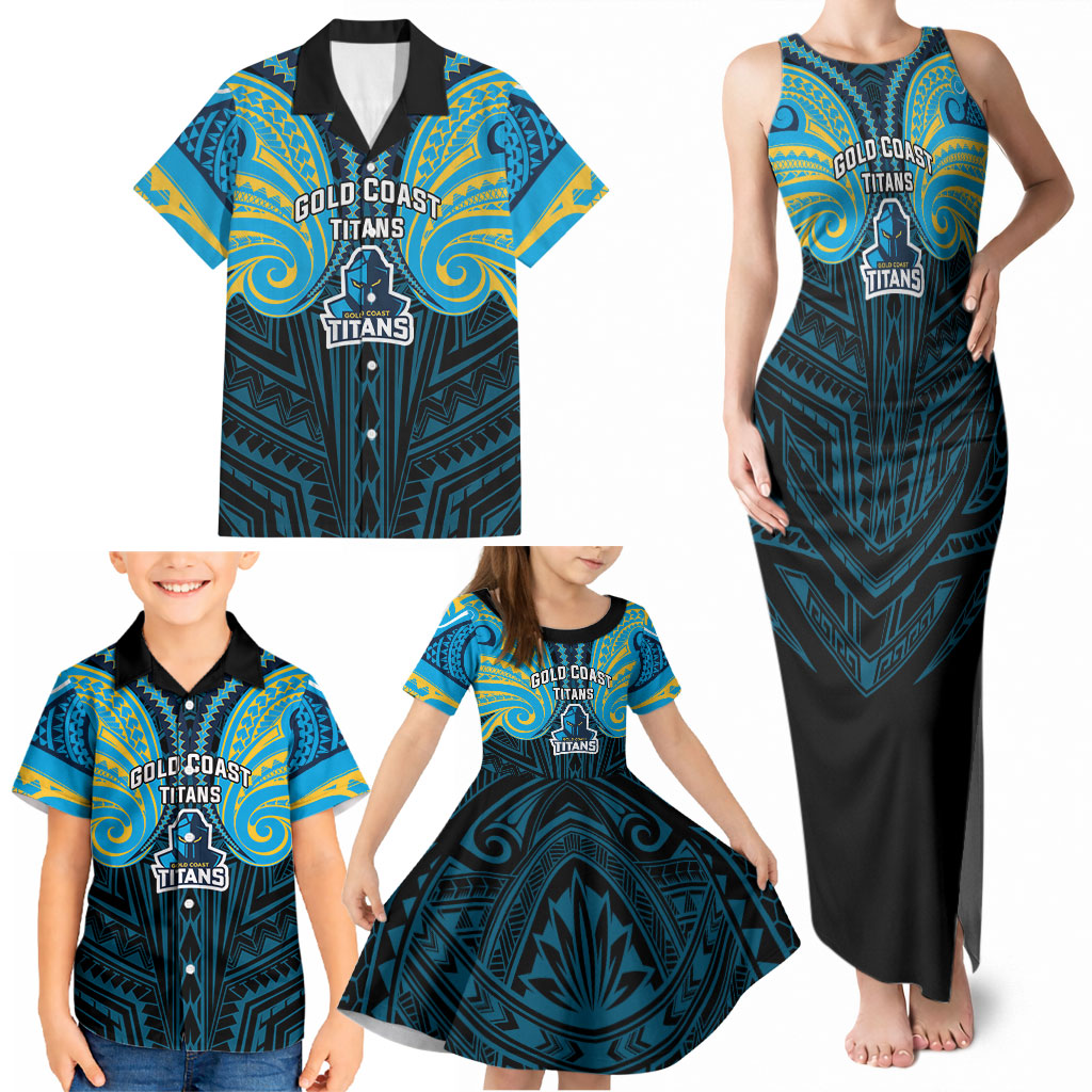 Custom Gold Coast Titans Family Matching Tank Maxi Dress and Hawaiian Shirt Titan Warrior Polynesia Islander Rugby Mascot