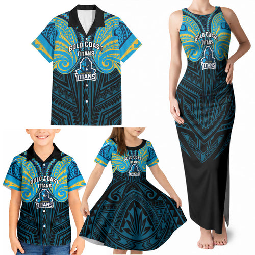 Custom Gold Coast Titans Family Matching Tank Maxi Dress and Hawaiian Shirt Titan Warrior Polynesia Islander Rugby Mascot