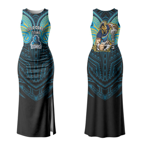 Custom Gold Coast Titans Family Matching Tank Maxi Dress and Hawaiian Shirt Titan Warrior Polynesia Islander Rugby Mascot