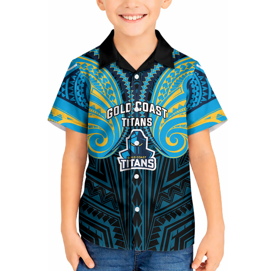 Custom Gold Coast Titans Kid Hawaiian Shirt Titan Warrior Polynesia Islander Rugby Mascot
