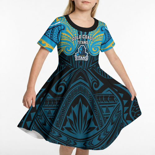 Custom Gold Coast Titans Kid Short Sleeve Dress Titan Warrior Polynesia Islander Rugby Mascot